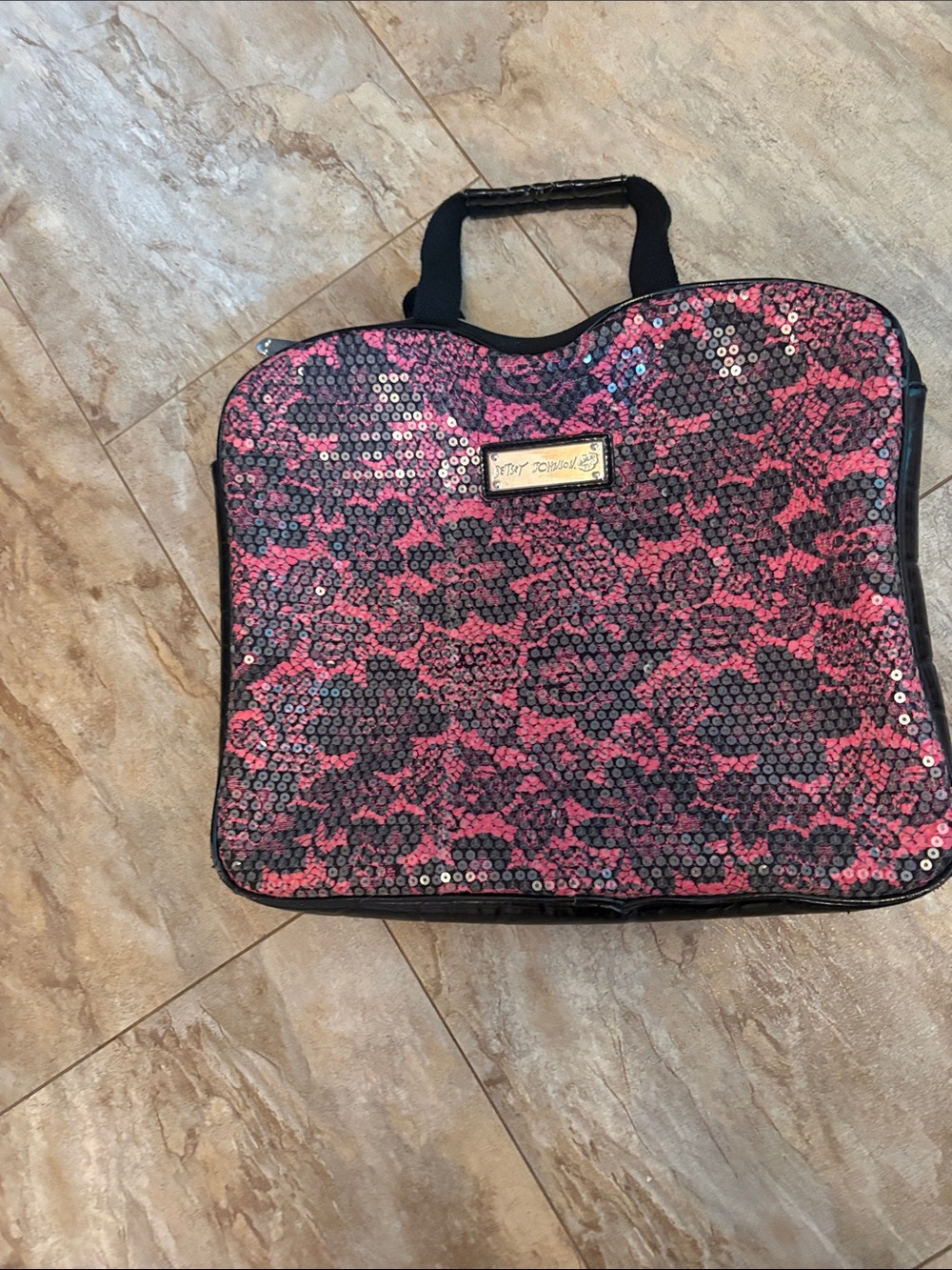 Betsey Johnson Pink Sequin Carry Bag/Case with Black Accents 12 x 10
